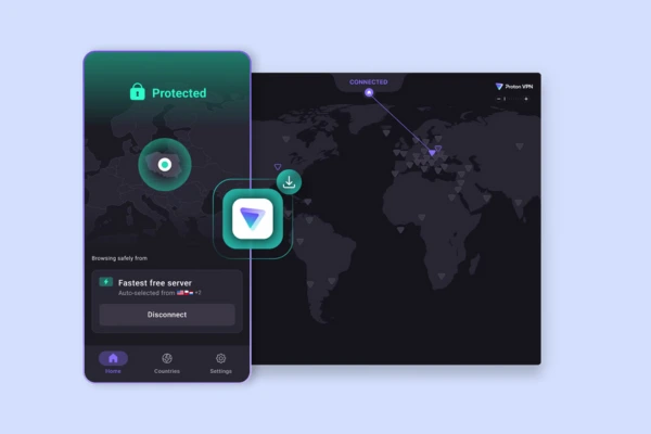 Tela de um aplicativo de VPN ativado, mostrando um servidor conectado e um mapa virtual.
