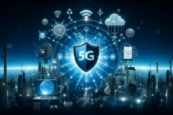 Uma rede 5G representada por conexões digitais protegidas por um escudo cibernético.
