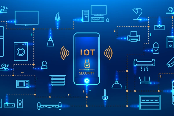 Um smart home (casa inteligente) conectada a diversos dispositivos IoT, com símbolos de segurança representando vulnerabilidades.
