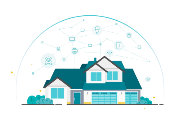 Um redoma de proteção sobre a casa e ícones de Wi-Fi seguro, representando proteção contra invasões.
